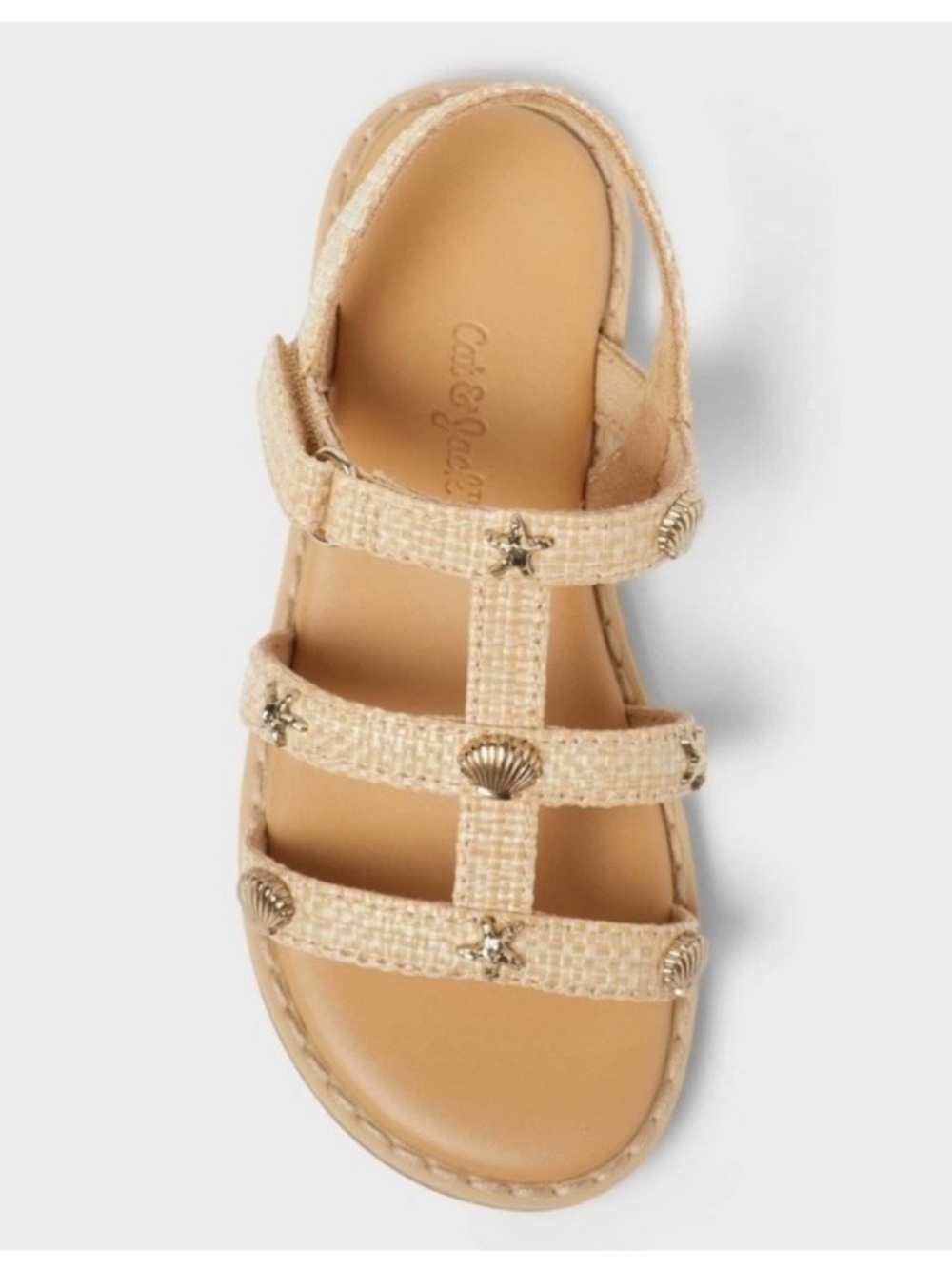 Cat & Jack Tan & Gold Woven T-Strap Sandals with Shell Charms